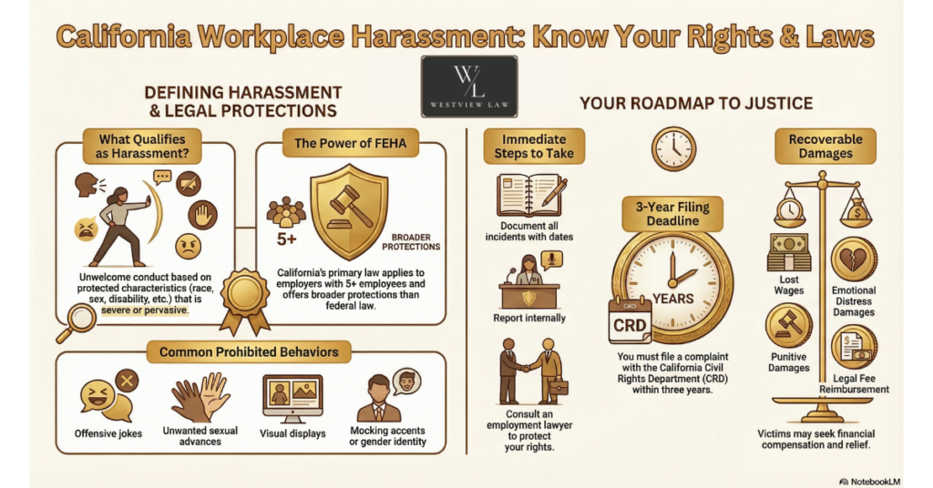 Infographic on California workplace harassment laws and employee rights and protections
