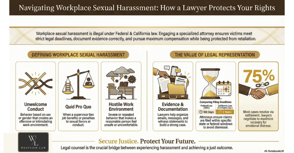Infographic on navigating workplace sexual harassment and how a lawyer protects your rights