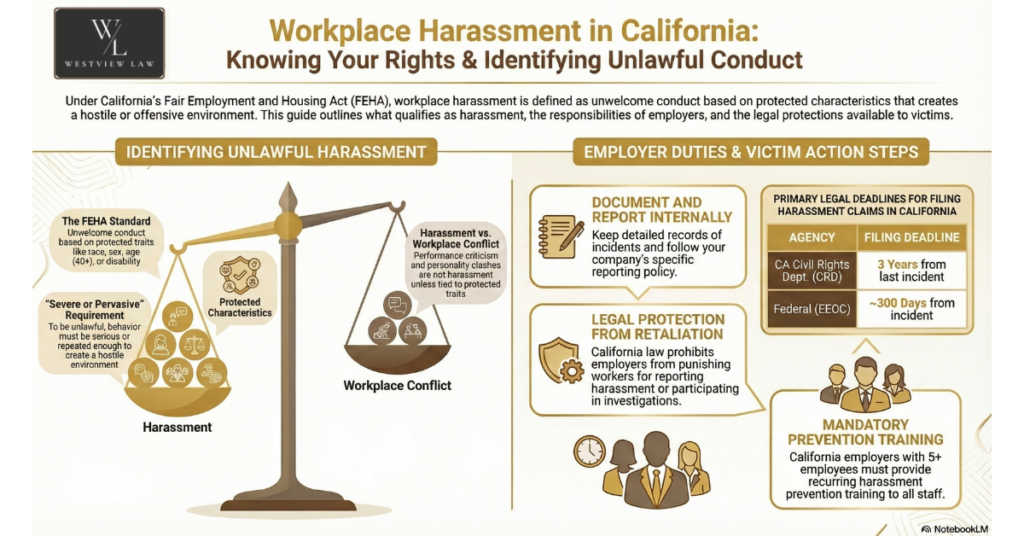 Infographic on workplace harassment in California explaining employee rights and unlawful conduct