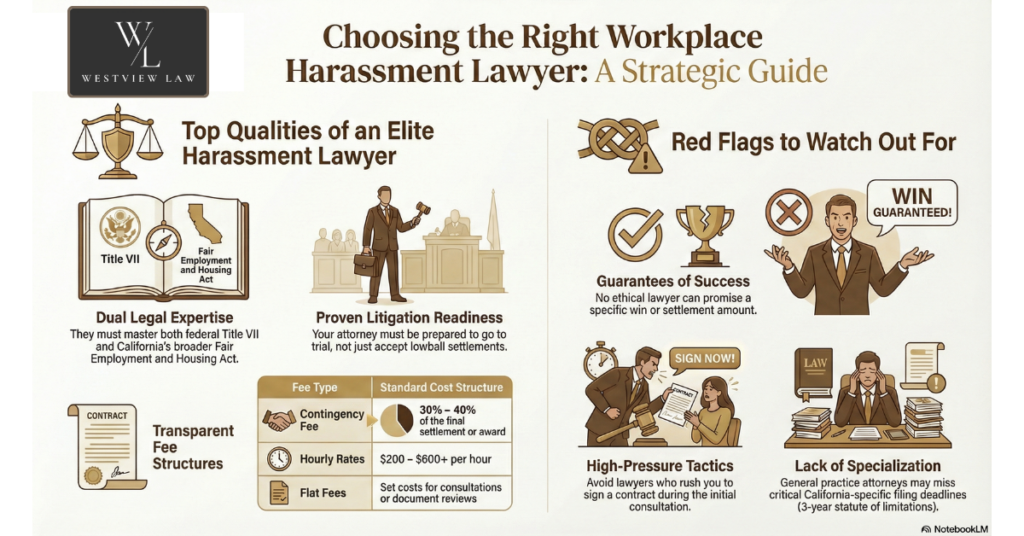 Infographic on choosing the right workplace harassment lawyer with a strategic guide