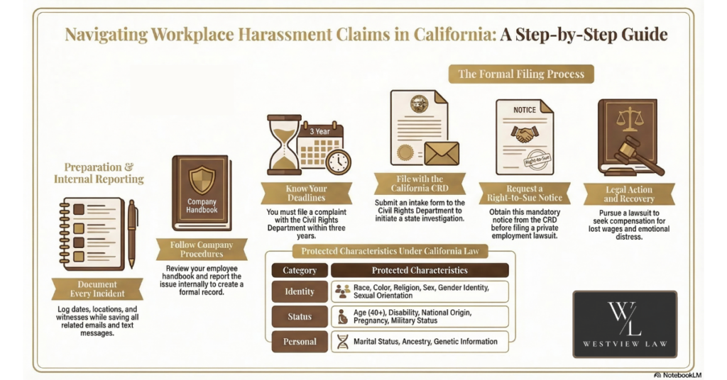 Infographic on navigating workplace harassment claims in California with a step-by-step guide