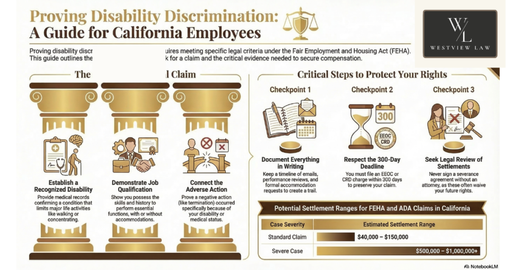Infographic on proving disability discrimination as a guide for California employees