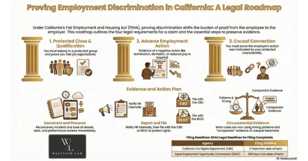 Infographic on proving employment discrimination in California with a legal roadmap