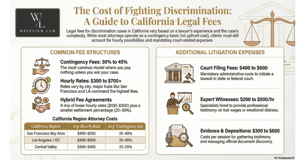 Infographic on the cost of fighting discrimination and California legal fees for employment cases