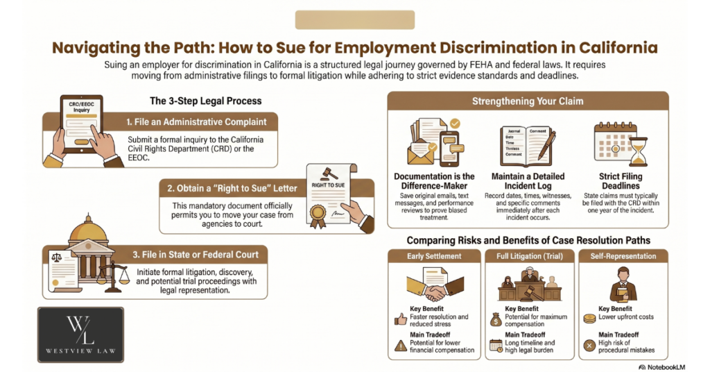 California discrimination lawsuit attorney reviewing case files at Westview Law