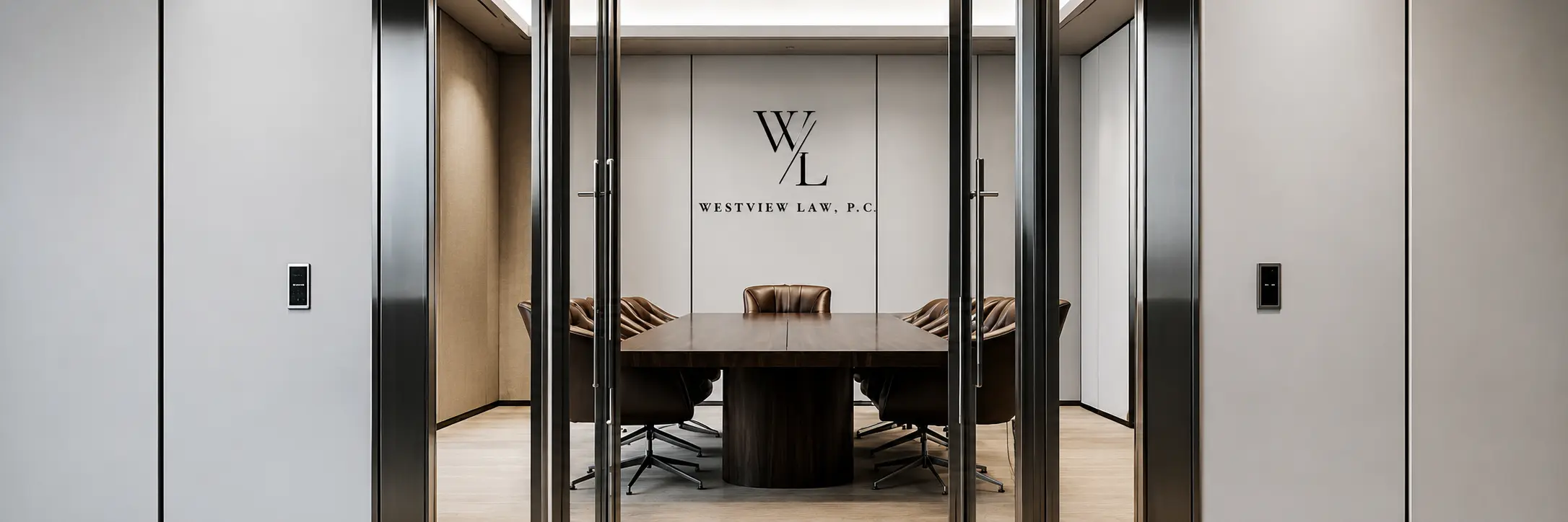 Westview Law conference room with WL firm logo signage