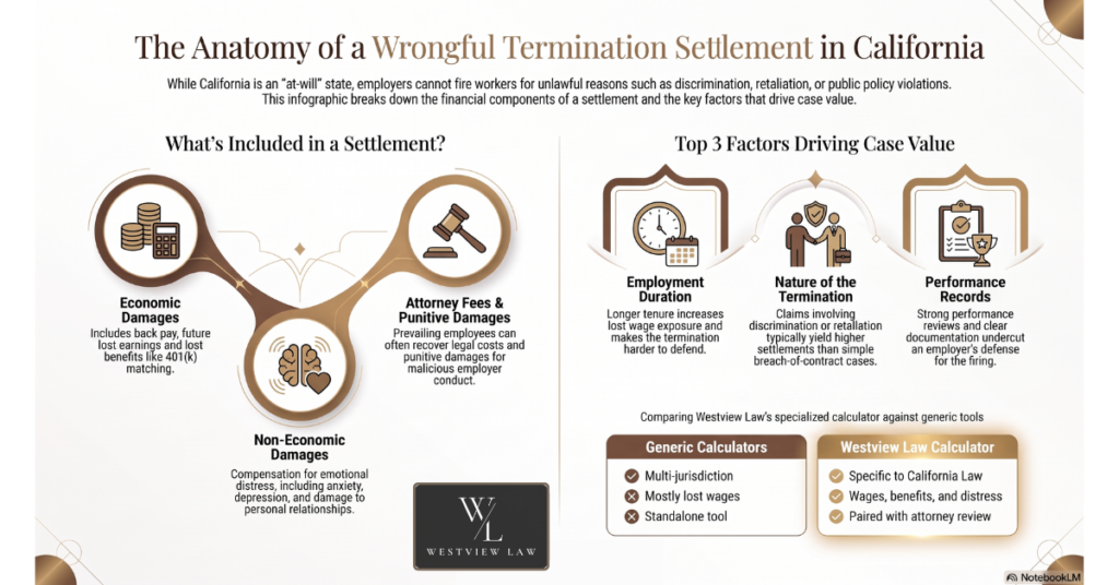Infographic breaking down the components of a California wrongful termination settlement, including economic, non-economic, and punitive damages plus the top three factors that drive case value.