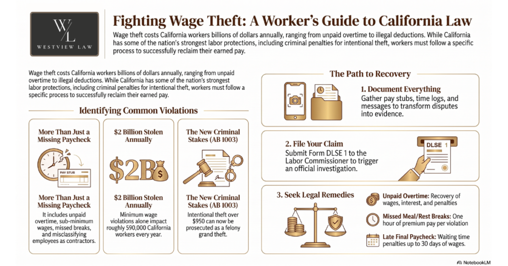 Infographic on California wage theft showing common violations, the $2 billion in wages stolen each year, the criminal penalties added by AB 1003, and the three steps to recover unpaid pay