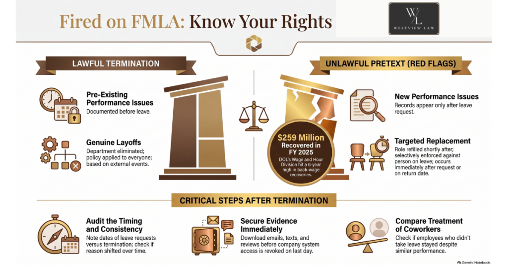 Infographic on your rights if fired while on FMLA, comparing lawful termination with unlawful pretext red flags