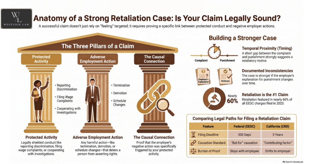 Infographic breaking a retaliation claim into protected activity, adverse employment action and causal connection, with federal and California filing deadlines compared