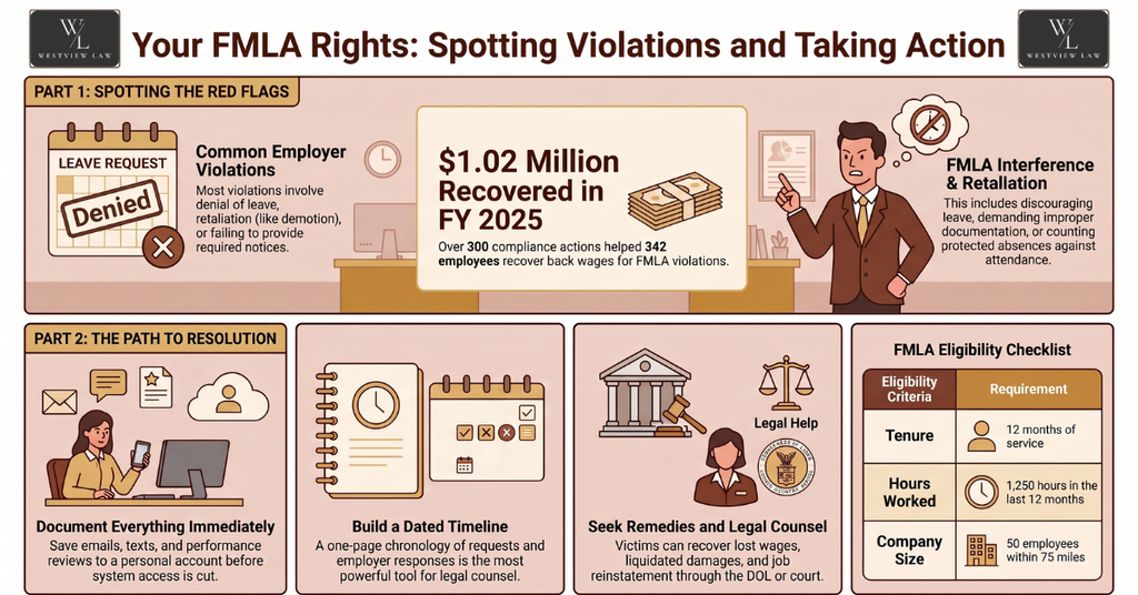 Infographic explaining common FMLA employer violations, employee documentation steps, legal remedies, and FMLA eligibility requirements.