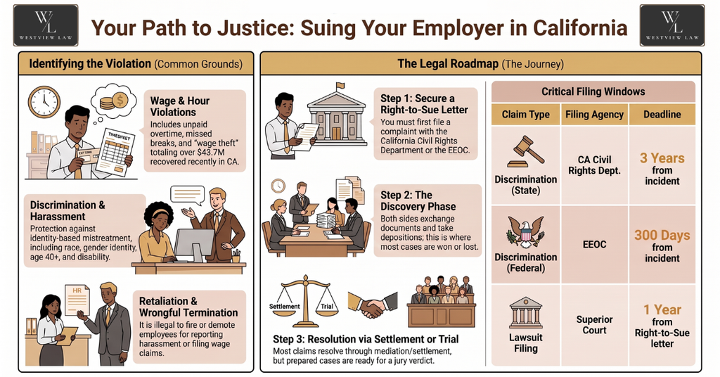 Infographic showing common employment law violations, steps to sue an employer in California, and key filing deadlines.